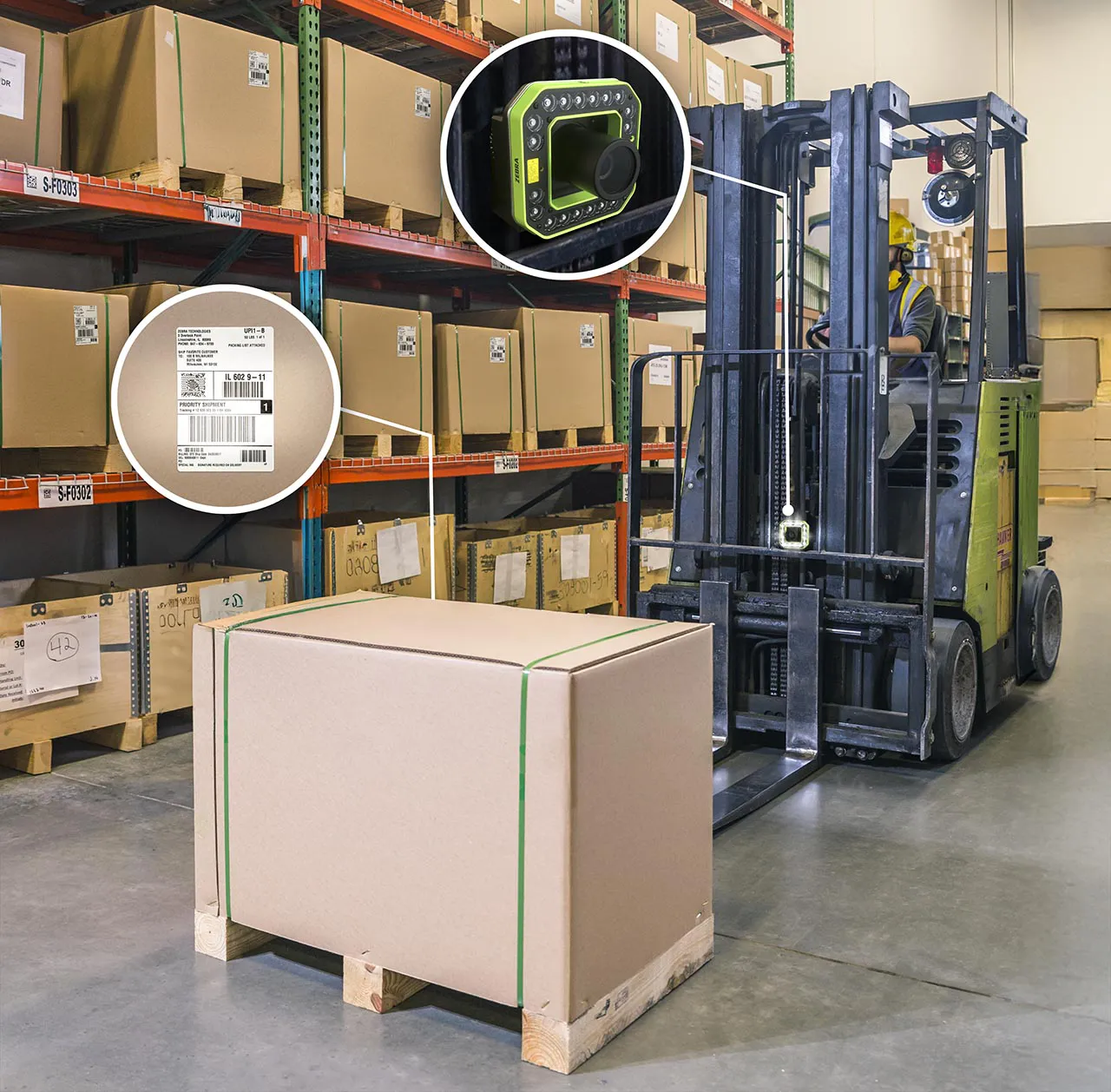 A forklift equipped with an RFID reader scans tagged pallets or cartons as it moves through the warehouse.