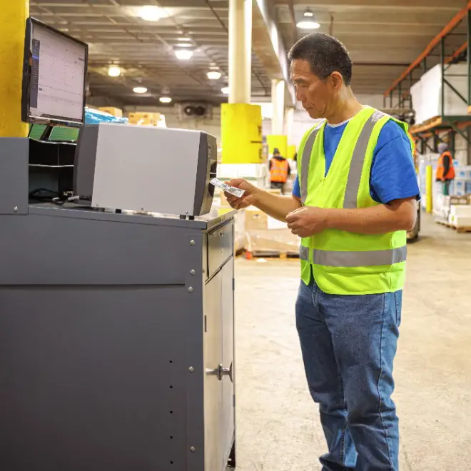 Warehouse worker using an industrial label printer in a warehouse environment.