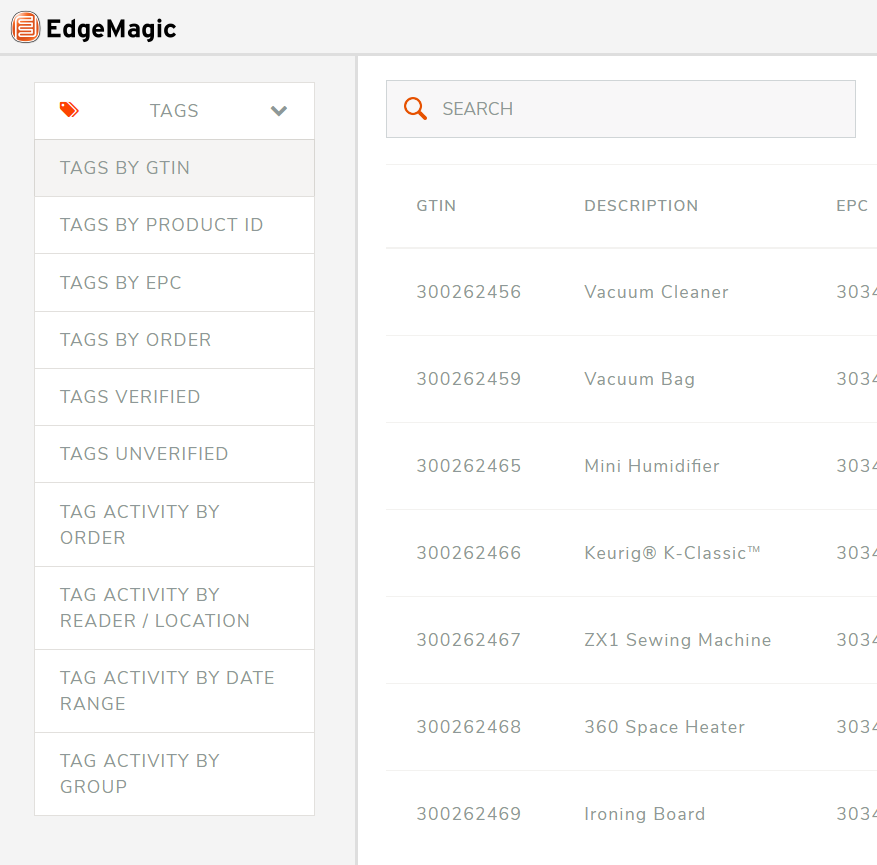 EdgeMagic RFID software allows you to search by GTIN, EPC, or Product ID. EdgeMagic RFID software allows you to search by GTIN, EPC, or Product ID.