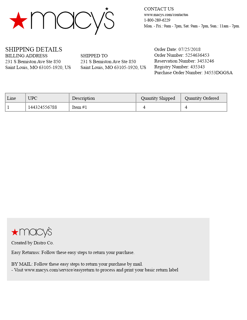 Macy's Packing Slip