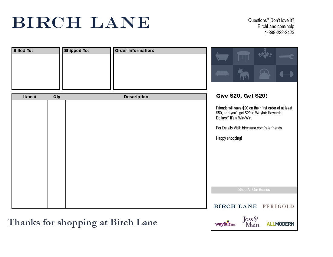 Birch Lane Packing Slip