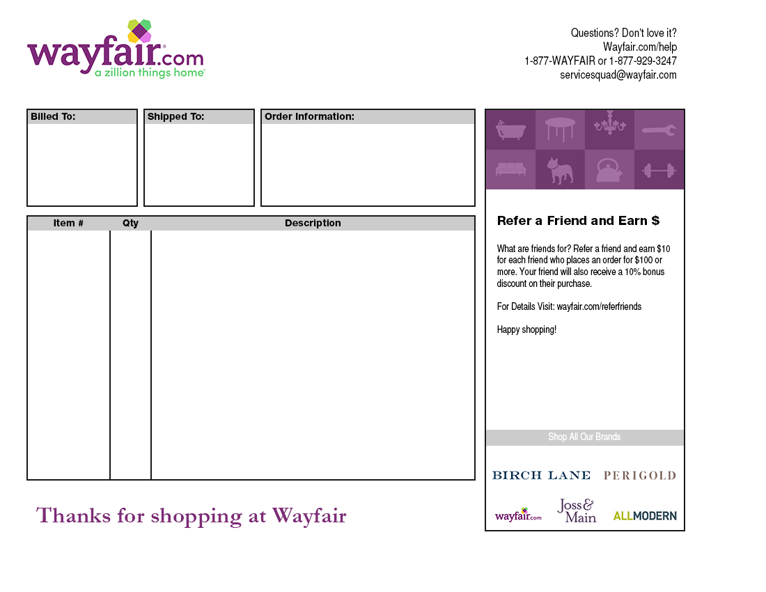 Wayfair Packing Slip