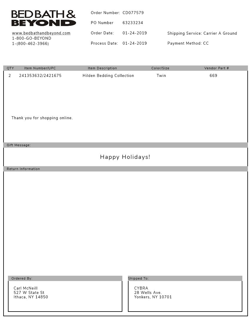 Bed Bath &amp; Beyond Packing Slip Template | CYBRA Corporation