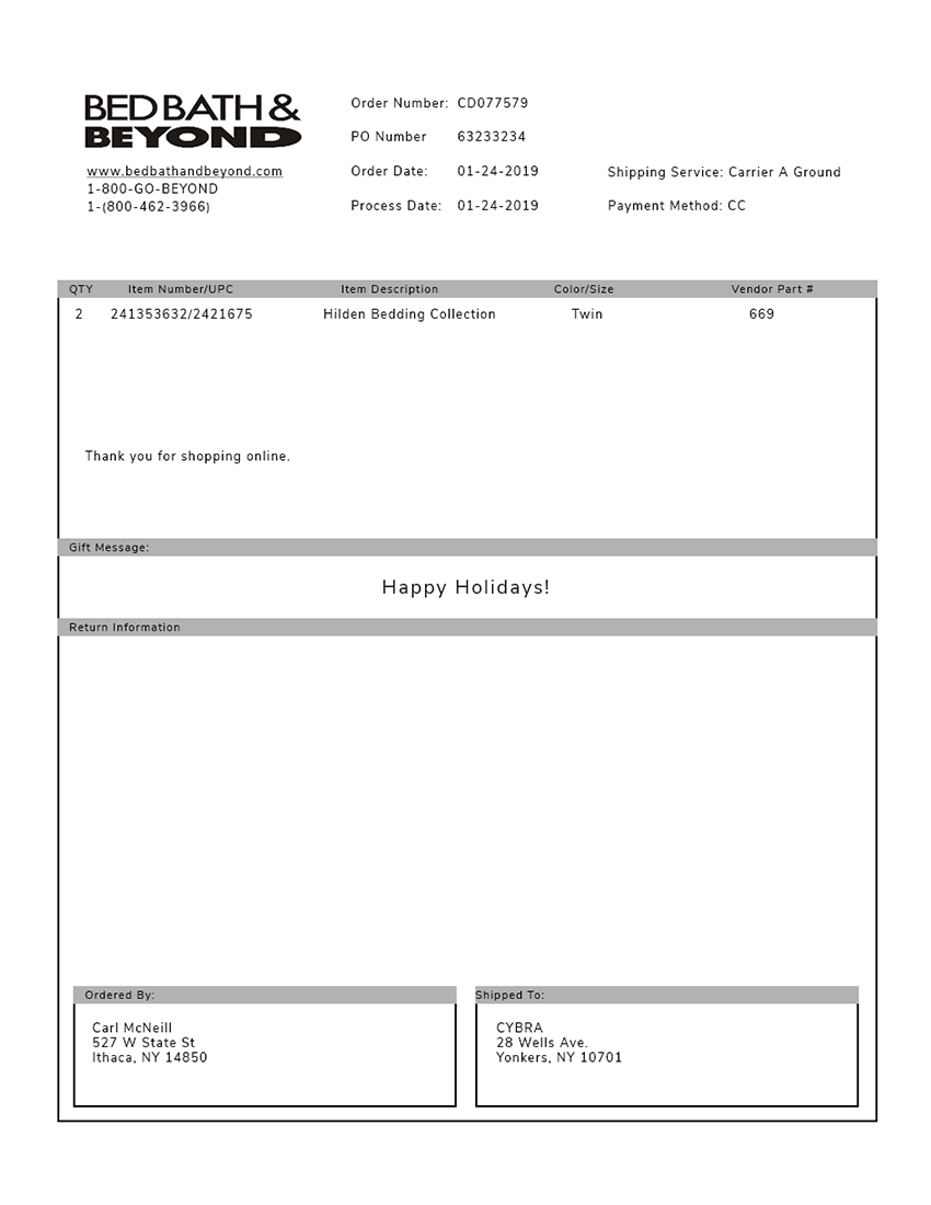 Bed Bath & Beyond Packing Slip Template | CYBRA Corporation