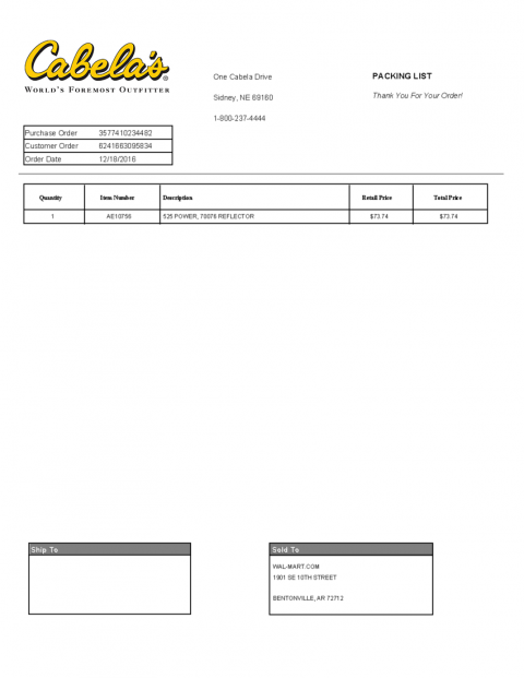 Cabela's Packing Slip Template | CYBRA