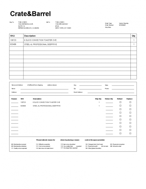 Crate & Barrel Packing Slip Template | CYBRA