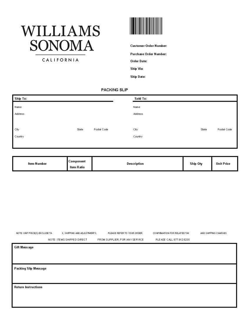 Williams Sonoma Packing Slip