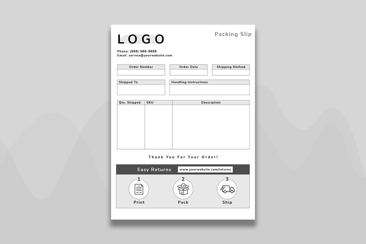 Packing slip with bulk order table and return information