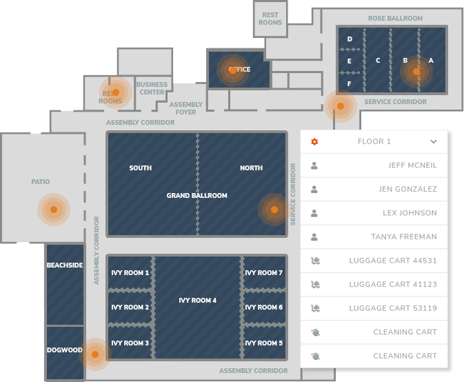 Track assets, inventory, and personnel in hotels. Track assets, inventory, and personnel in hotels.