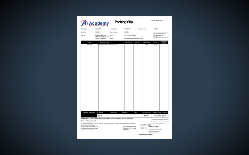 Academy Sports + Outdoors Packing Slip Template