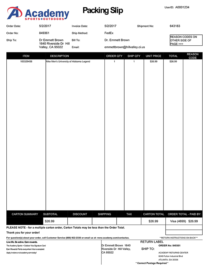 Academy Sports + Outdoors Packing Slip