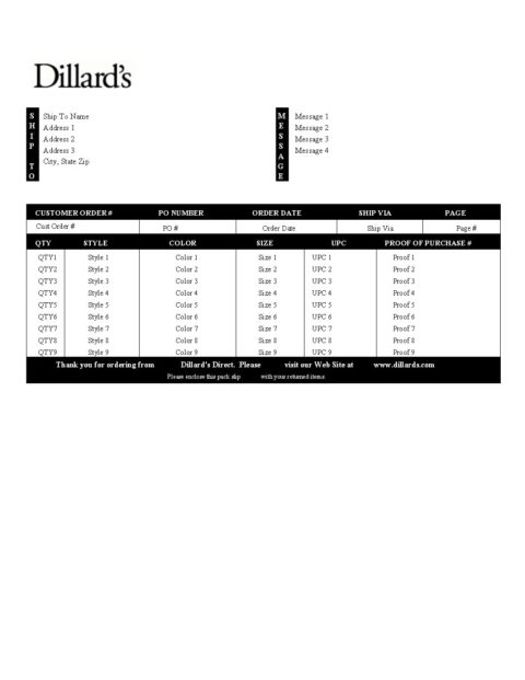 Dillard s Packing Slip Template CYBRA