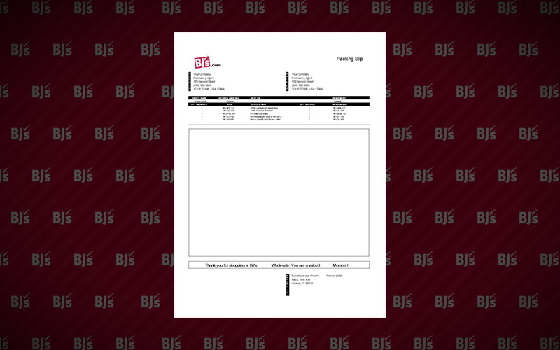 BJ’s Wholesale Club Packing Slip Template