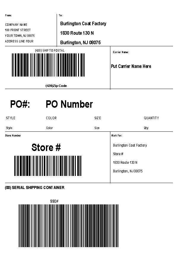 Burlington Coat Factory Compliance Shipping Label Template