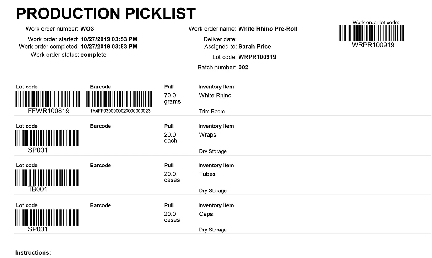 Cannabis Production Picklist Template