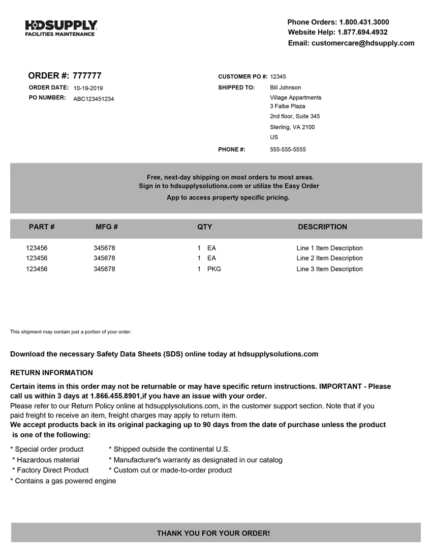 HD Supply Packing Slip