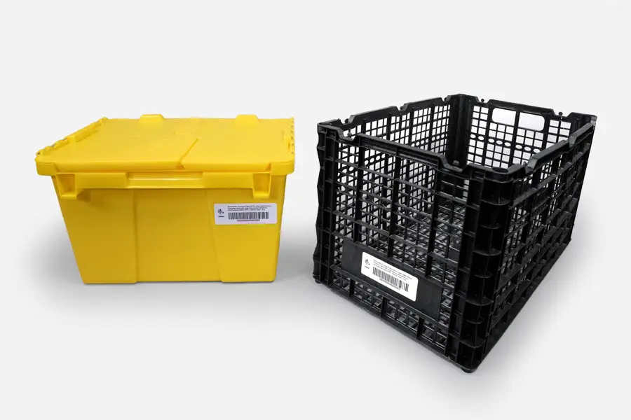 RFID stickers affixed to bins and cartons