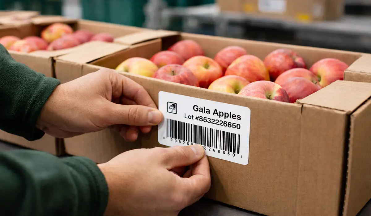 Printed produce label affixed to carton
