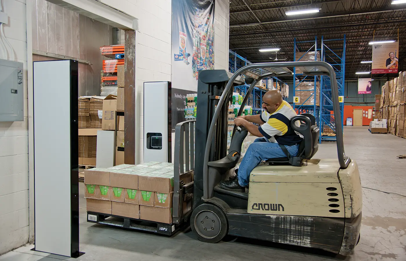 A warehouse using RFID portals to track the location of inventory throughout facilities
