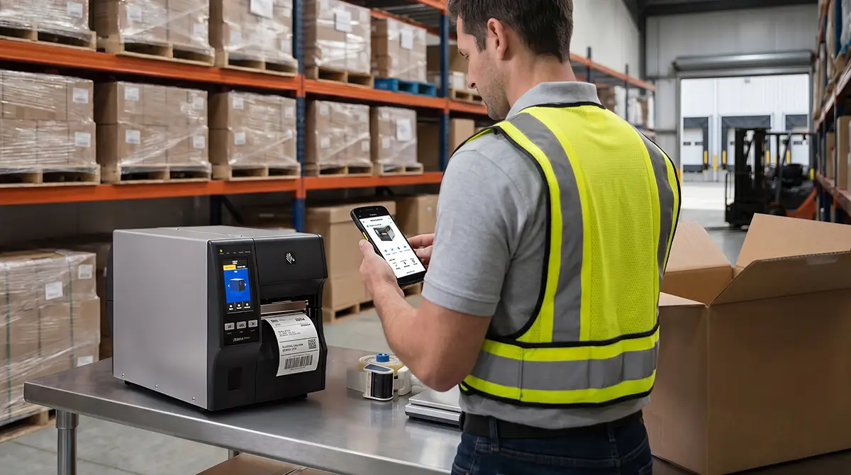 Warehouse worker printing out an RFID tag.
