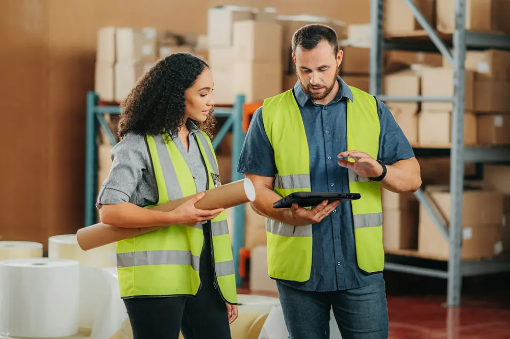 Warehouse team identifying options for RFID implementation